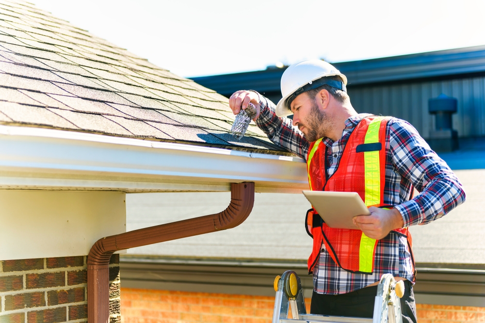 buying a home man with hard hat standing on steps inspecting house roof